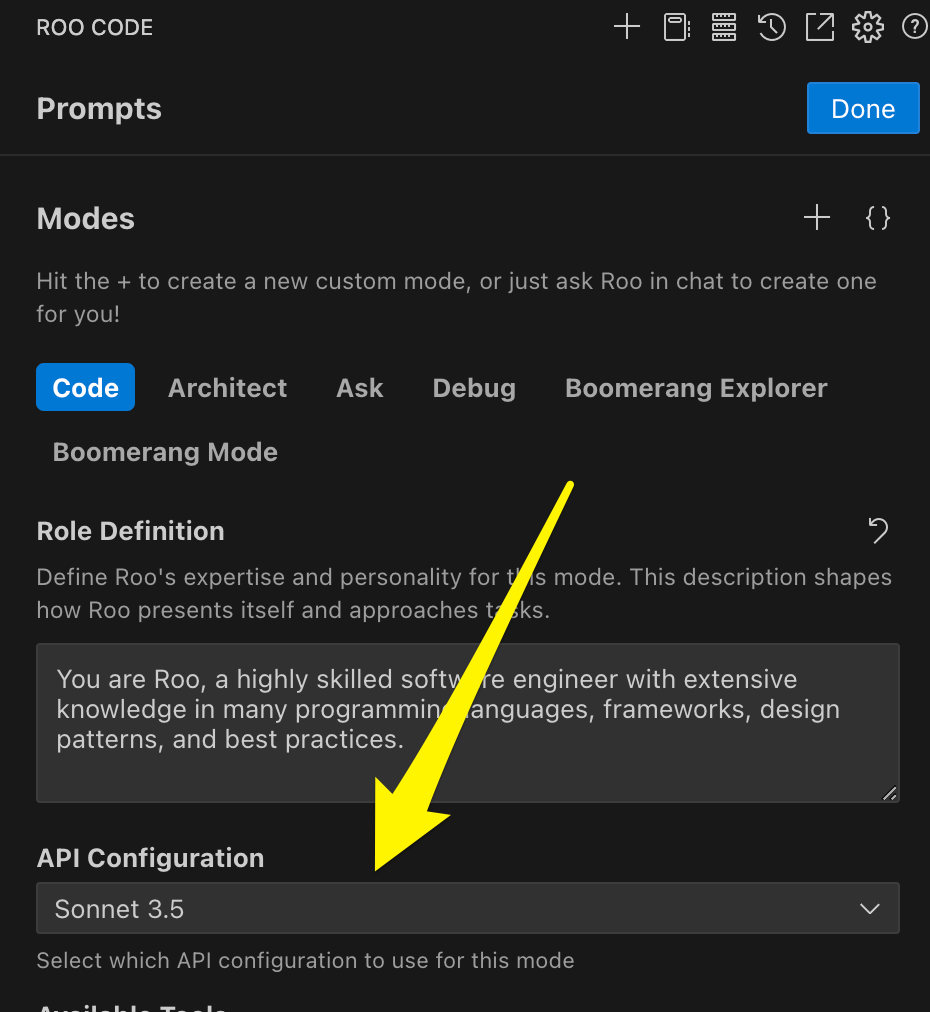 Profile-Mode association interface in Prompts tab