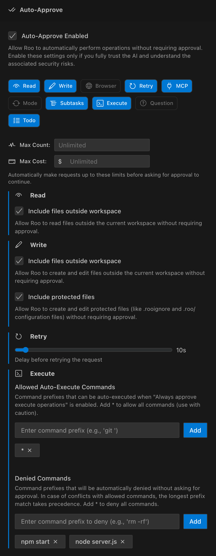 Auto-Approve dropdown; Enabled at bottom-right and All/None chips at bottom-left